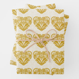 Feuille De Papier Cadeau Motif de cœur décoratif doré moutarde rustique