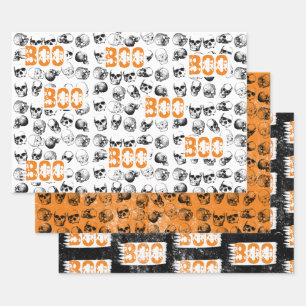 Feuille De Papier Cadeau Motif de crâne Éffrayant Orange Boo Halloween