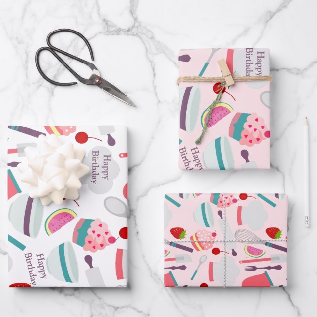 Feuille De Papier Cadeau Motif de cuisson Cupcake rose violet (Recto)