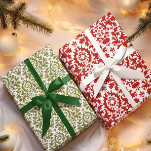 Feuille De Papier Cadeau Motif de Damas Rouge Vert Noël