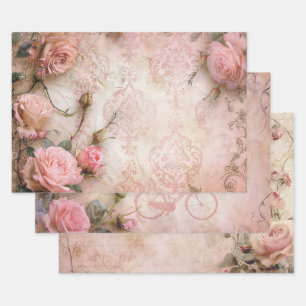 Feuille De Papier Cadeau Motif de découpage de Roses Vintages roses