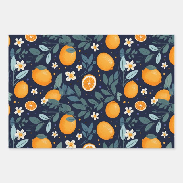 Feuille De Papier Cadeau Motif de délice orange et floral (Devant)