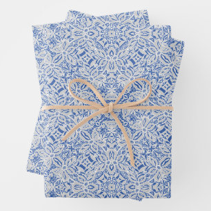 Feuille De Papier Cadeau Motif de dentelle ajourée grise et bleue vintage