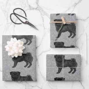 Feuille De Papier Cadeau Motif de design de race de chien Mops noir sur gri
