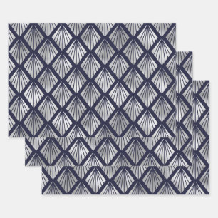 Feuille De Papier Cadeau Motif de diamants Art déco bleu marine et argent