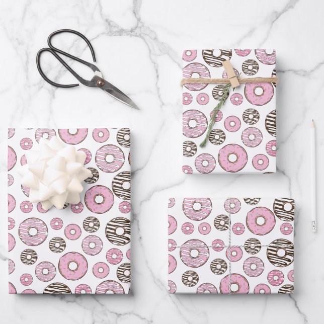 Feuille De Papier Cadeau Motif De Donuts, Donuts Roses, Donuts Blancs (Recto)