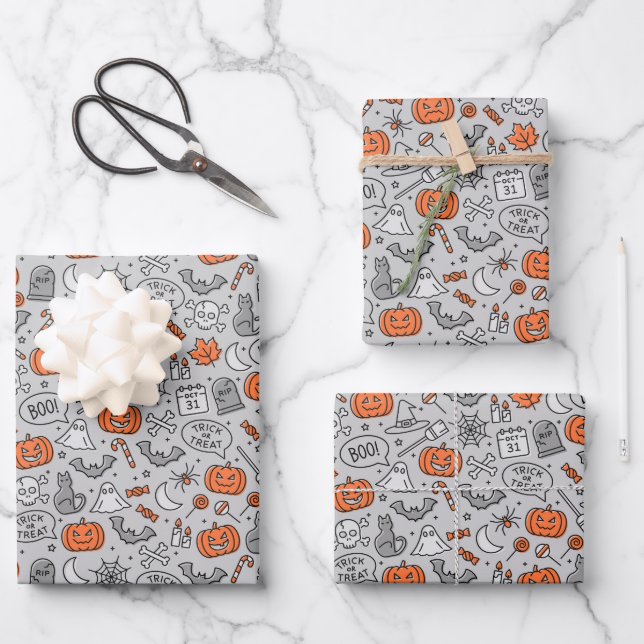 Feuille De Papier Cadeau Motif de doodle pour les enfants mignons Halloween (Recto)