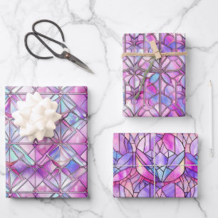 Feuille De Papier Cadeau Motif de faux vitrail rose iridescent élégant