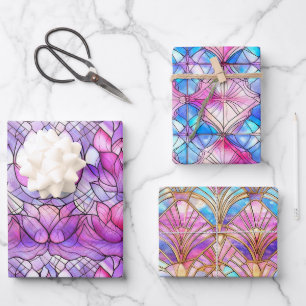 Feuille De Papier Cadeau Motif de faux vitrail rose iridescent élégant