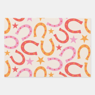 Feuille De Papier Cadeau Motif de fers à cheval rétro avec des étoiles en o