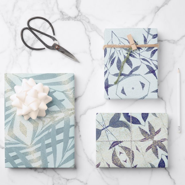 Feuille De Papier Cadeau Motif de feuillage bleu étincelant (Recto)