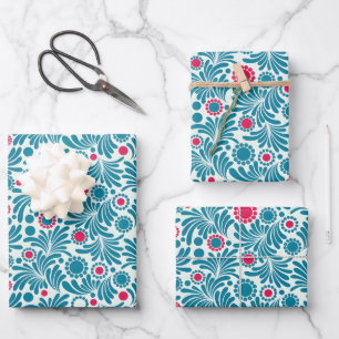 Feuille De Papier Cadeau Motif de feuillage élégant sarcelle et magenta