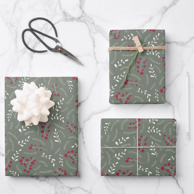 Feuille De Papier Cadeau Motif de feuillage rustique vert sapin épicéa de f (Recto)