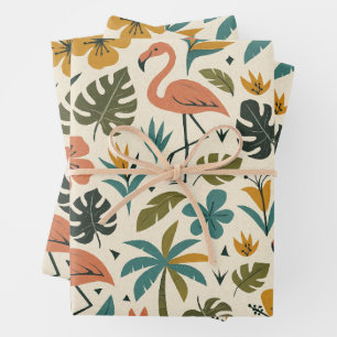 Feuille De Papier Cadeau Motif de flamant rose tropical et palmier