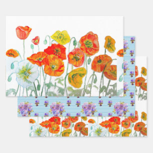 Feuille De Papier Cadeau Motif de fleur de pavot rouge orange aquarelle