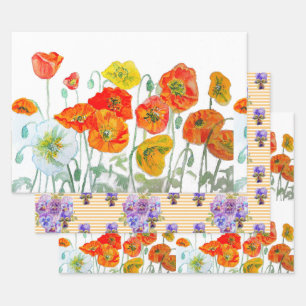 Feuille De Papier Cadeau Motif de fleur de pavot rouge orange aquarelle