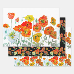 Feuille De Papier Cadeau Motif de fleur de pavot rouge orange aquarelle