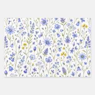 Feuille De Papier Cadeau Motif de fleur sauvage aquarelle bleu jaune vert