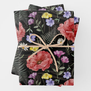 Feuille De Papier Cadeau Motif de fleur sauvage noir et coloré moderne 