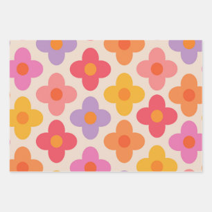 Feuille De Papier Cadeau Motif de fleurs coloré rétro hippie Mod