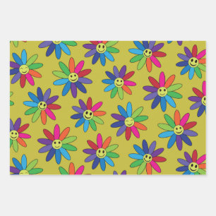 Feuille De Papier Cadeau Motif de fleurs colorées rétro avec des visages he