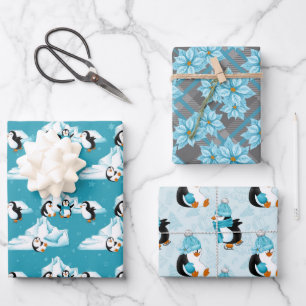 Feuille De Papier Cadeau motif de fleurs de Noël de pingouins carrelés