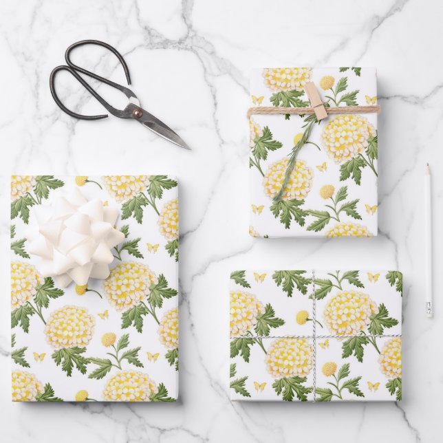 Feuille De Papier Cadeau Motif de fleurs d'hydrangea jaune élégant  (Recto)