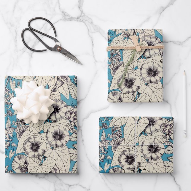 Feuille De Papier Cadeau Motif de fleurs en bleu blanc (Recto)