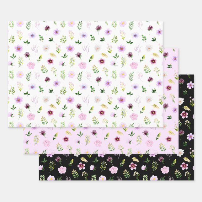 Feuille De Papier Cadeau Motif de fleurs et de feuillage violets (Lot)