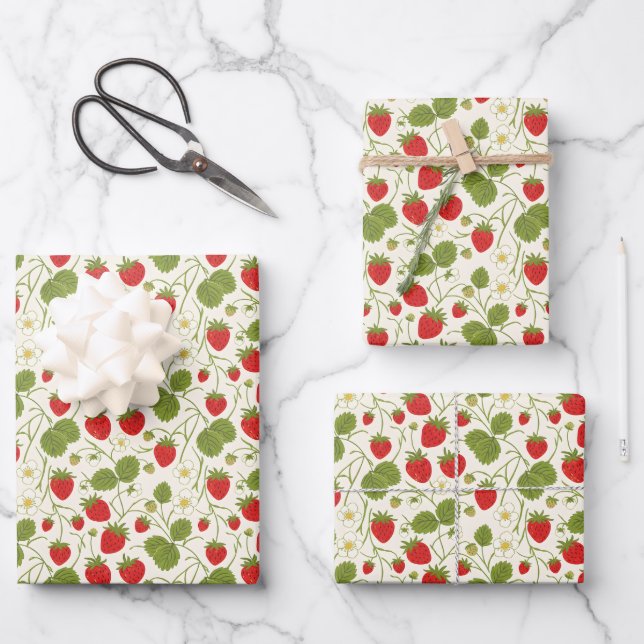 Feuille De Papier Cadeau Motif de fleurs et de fraises (Recto)
