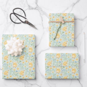 Feuille De Papier Cadeau Motif de fleurs et de poussins jaunes mignons