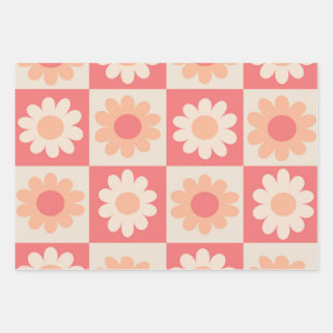 Feuille De Papier Cadeau motif de fleurs rétro À damiers Peach Fuzz