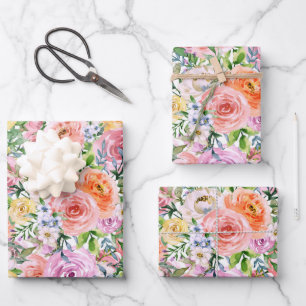 Feuille De Papier Cadeau Motif de fleurs Roses rose jaune blanc orange