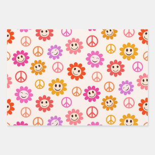 Feuille De Papier Cadeau Motif de fleurs souriantes joyeuses avec des signe