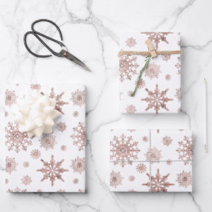 Feuille De Papier Cadeau Motif de flocon de neige de couleur or rose faux