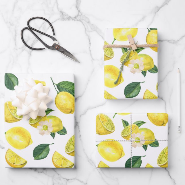 Feuille De Papier Cadeau Motif de fruits aux citrons jaunes (Recto)