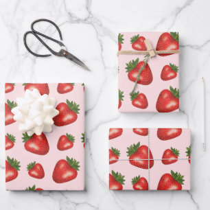Feuille De Papier Cadeau Motif de fruits d'été à la fraise sur fond rose