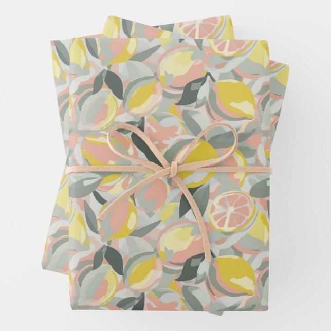 Feuille De Papier Cadeau Motif de fruits  |  Gris rose (En situation)