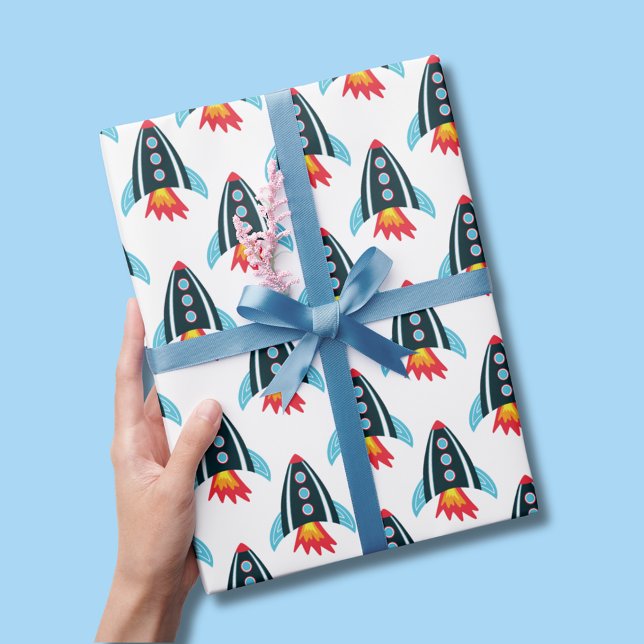 Feuille De Papier Cadeau Motif de fusée spatiale pour garçons (Space themed rocket ship wrapping paper sheets for boys birthday party.)