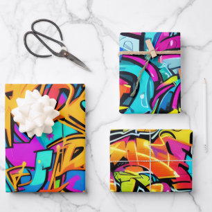 Feuille De Papier Cadeau Motif de graffiti de couleurs vives et audacieuses