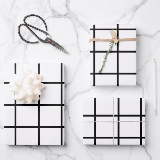 Feuille De Papier Cadeau Motif de grille blanc noir (Recto)