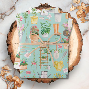 Feuille De Papier Cadeau Motif de jardin outils de jardinage floral aquarel
