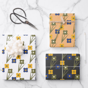 Feuille De Papier Cadeau Motif de jardin rétro fleurs jaunes bleues