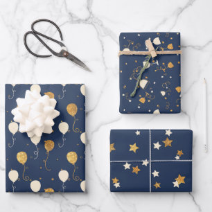 Feuille De Papier Cadeau Motif de la fête du bleu et de l'or