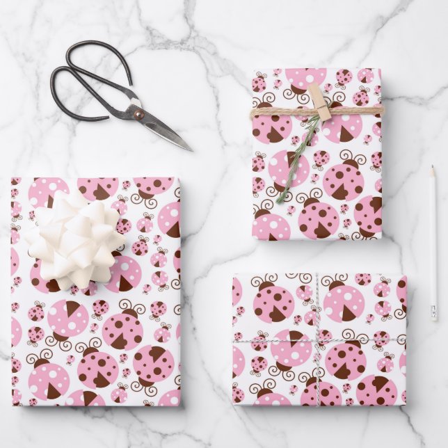 Feuille De Papier Cadeau Motif De Ladybugs, Mignons Ladybugs, Pink Ladybugs (Recto)