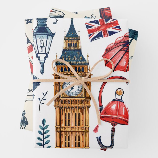 Feuille De Papier Cadeau Motif de Londres Big Ben London Bus Union Jack Dra (En situation)