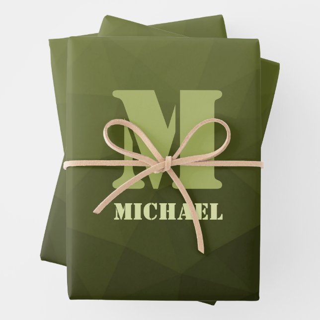 Feuille De Papier Cadeau Motif de maillage géométrique d'olive verte de l'a (En situation)