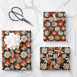 Feuille De Papier Cadeau Motif de marguerite rétro avec teintes chaudes sur