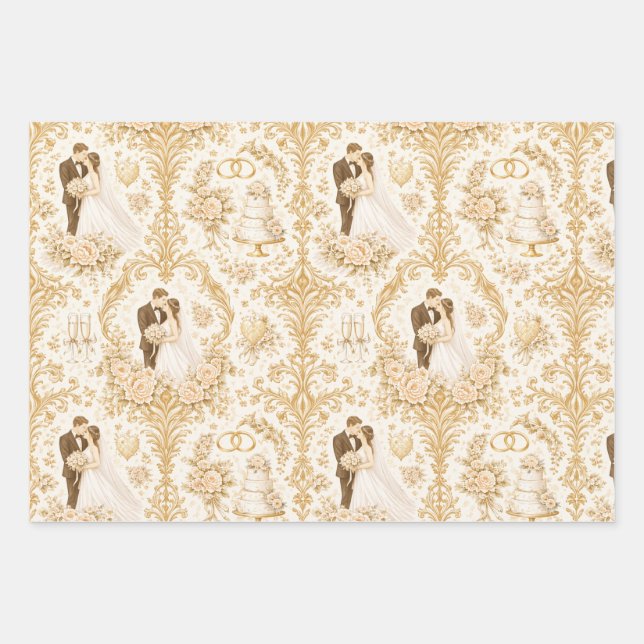 Feuille De Papier Cadeau Motif de mariage doré (Devant)