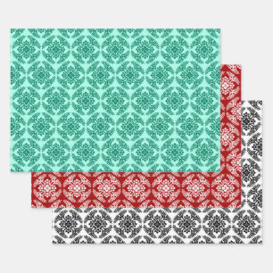 Feuille De Papier Cadeau Motif de médaillon japonais, Aqua. Rouge, noir/bla